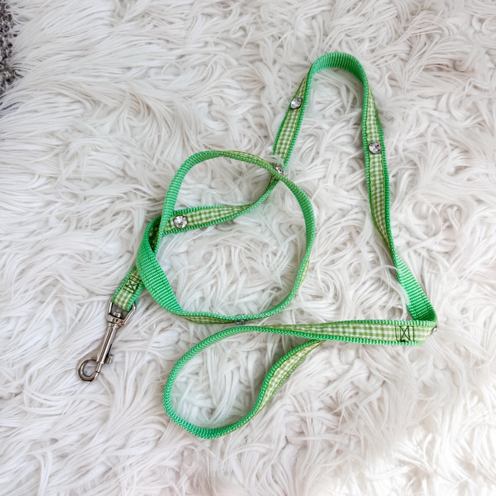 Green Gingham Dog Leash Rhinestone Accent Small Dog